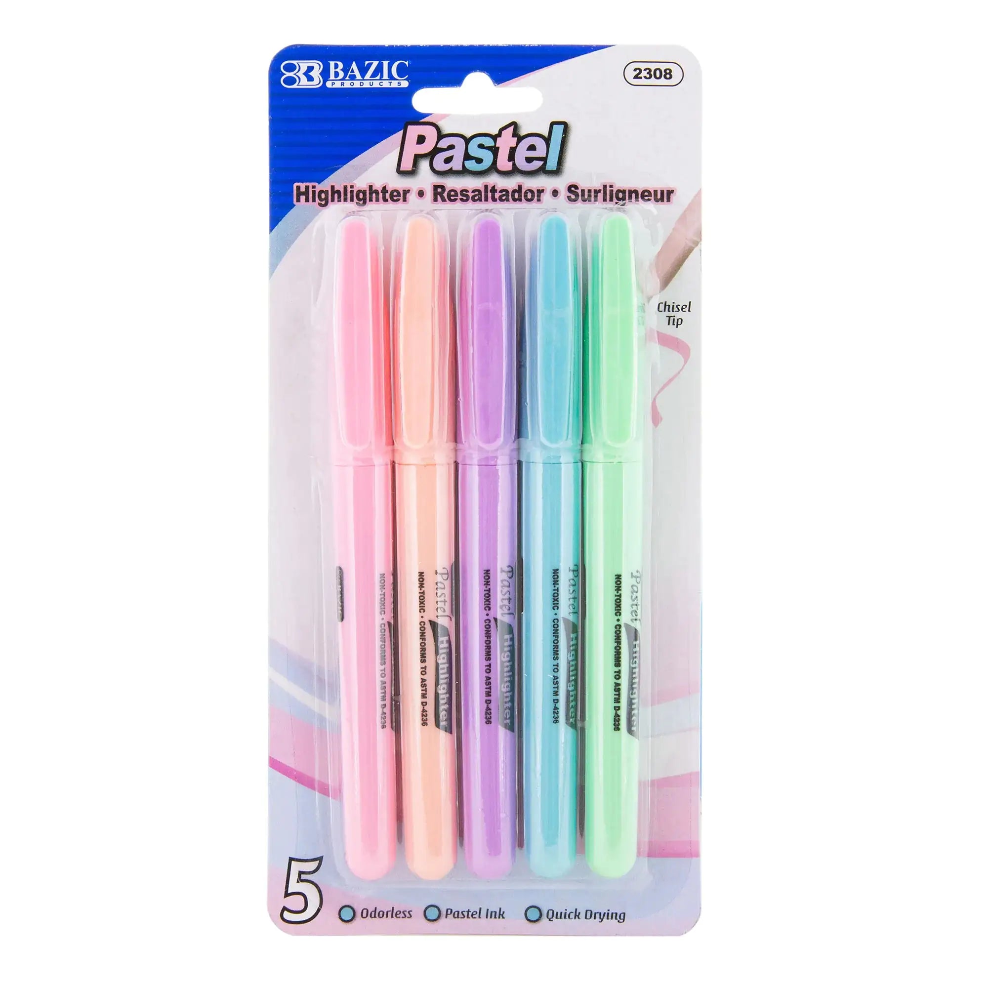 Pen Style Pastel Assorted Colors Highlighter w/ Pocket Clip (5/Pack)